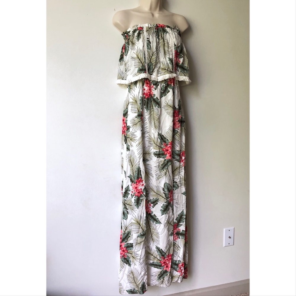 White Tropical Floral Print Strapless Maxi Dress - Picture 2 of 3
